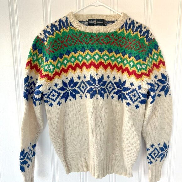 Vintage Ralph Lauren Hand Knit Wool Crewneck Ski Sweater - Picture 1 of 3